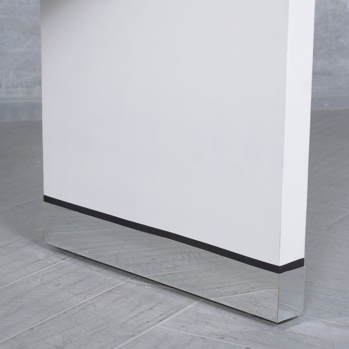 Restored 1990 Mid-Century Modern Sofa Console with White Finish & Chrome Accents