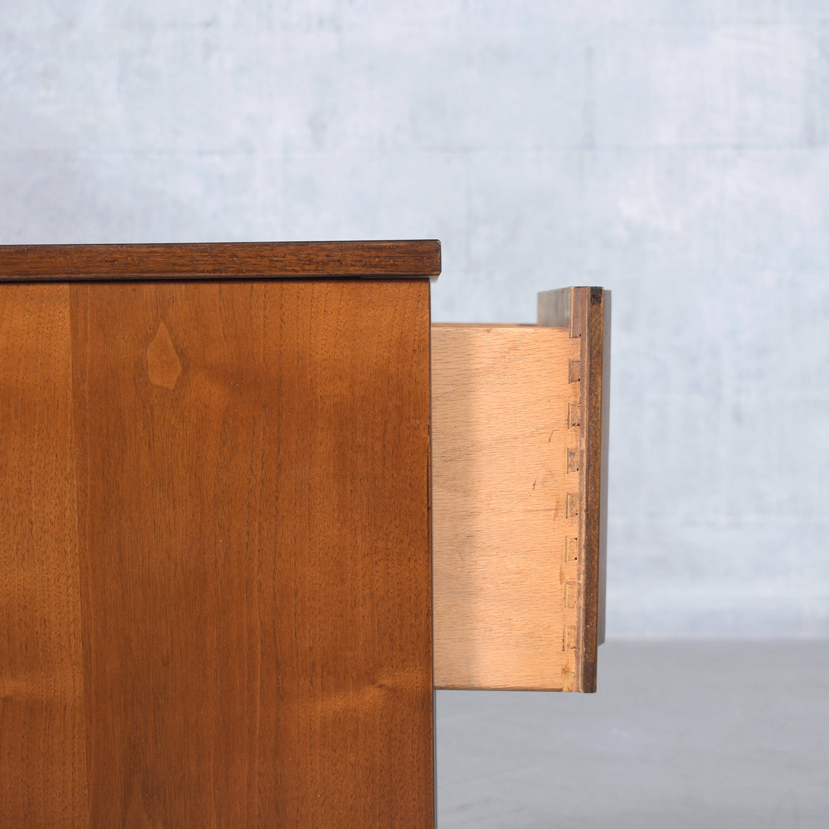 Restored 1960s Modern Walnut Nightstand: Dual-Tone with Unique Carved Handle
