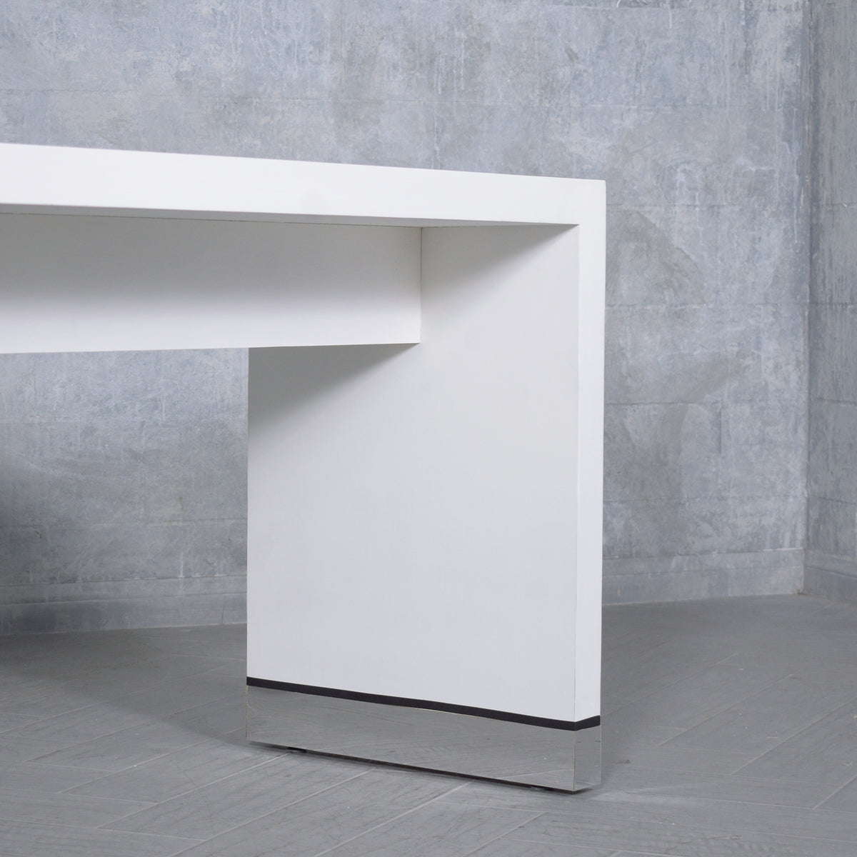 Restored 1990 Mid-Century Modern Sofa Console with White Finish & Chrome Accents