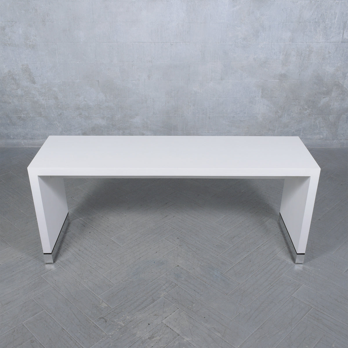 Restored 1990 Mid-Century Modern Sofa Console with White Finish & Chrome Accents