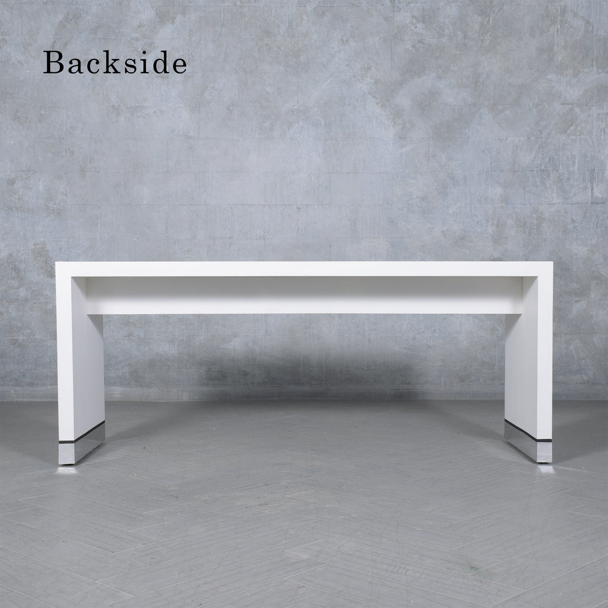 Restored 1990 Mid-Century Modern Sofa Console with White Finish & Chrome Accents