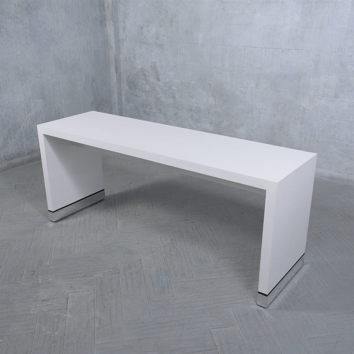 Restored 1990 Mid-Century Modern Sofa Console with White Finish & Chrome Accents