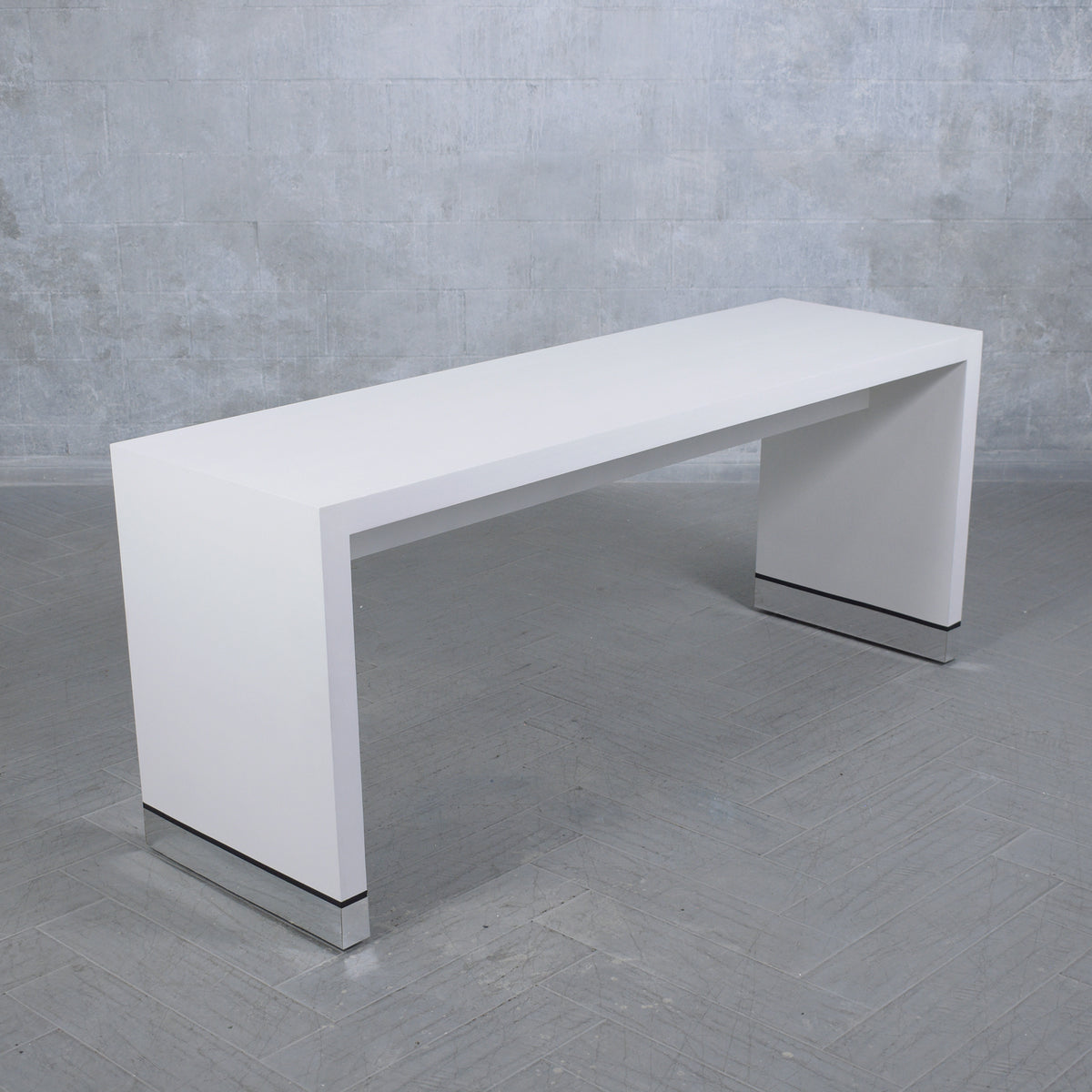 Restored 1990 Mid-Century Modern Sofa Console with White Finish & Chrome Accents