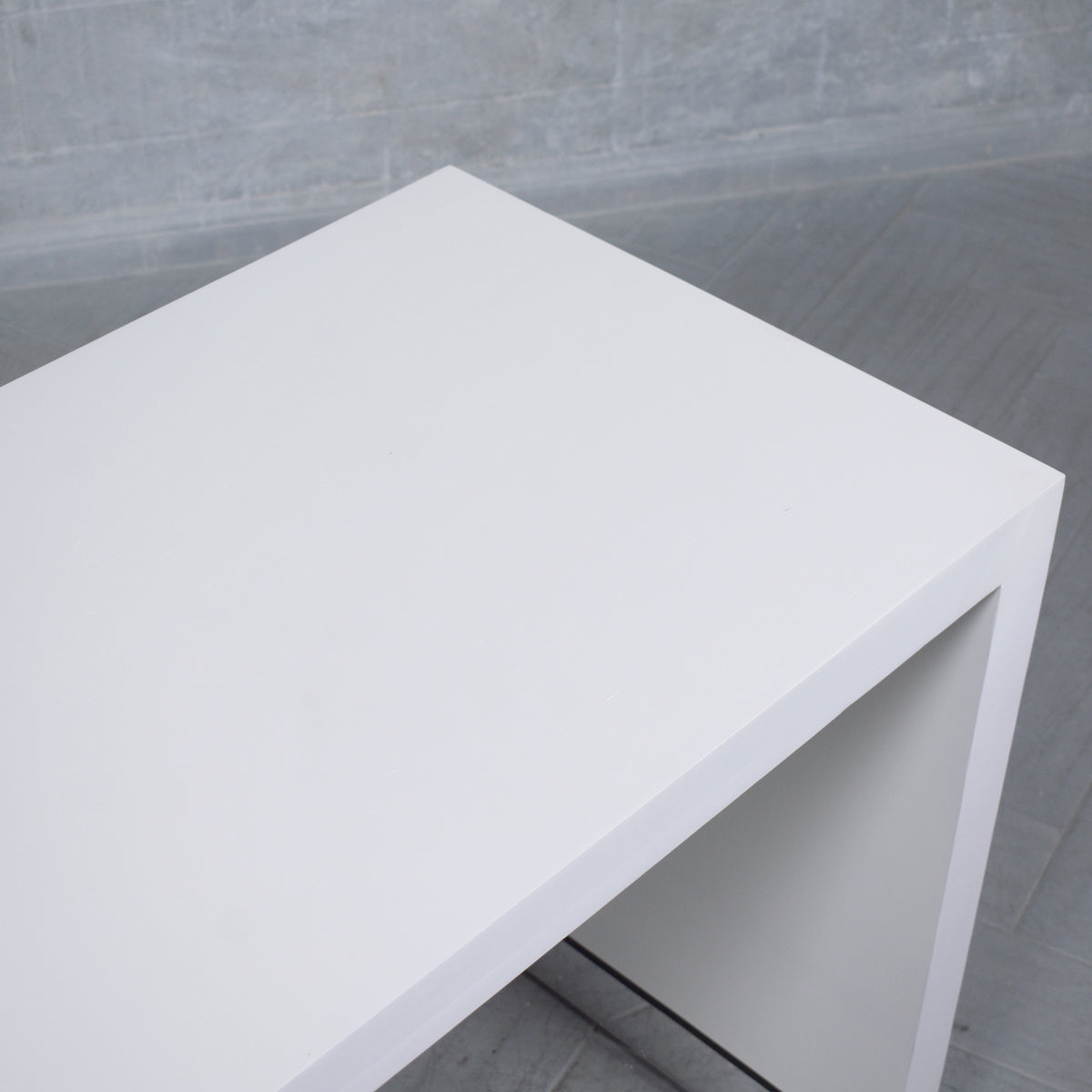 Restored 1990 Mid-Century Modern Sofa Console with White Finish & Chrome Accents
