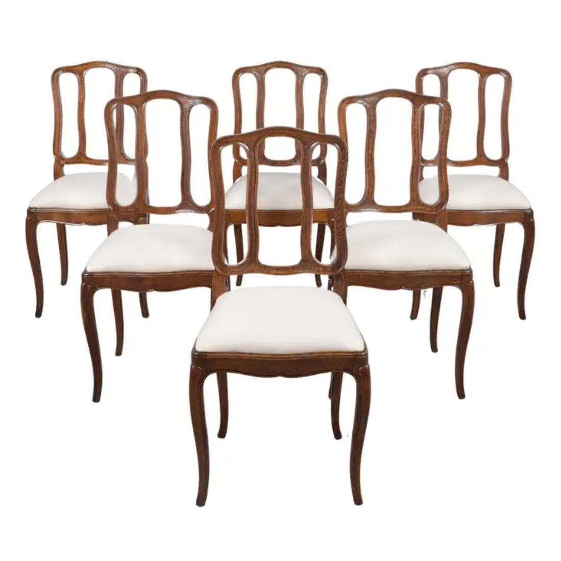 Set of Antique French Dining Chairs in Walnut & Ivory Linen: Elegantly Restored