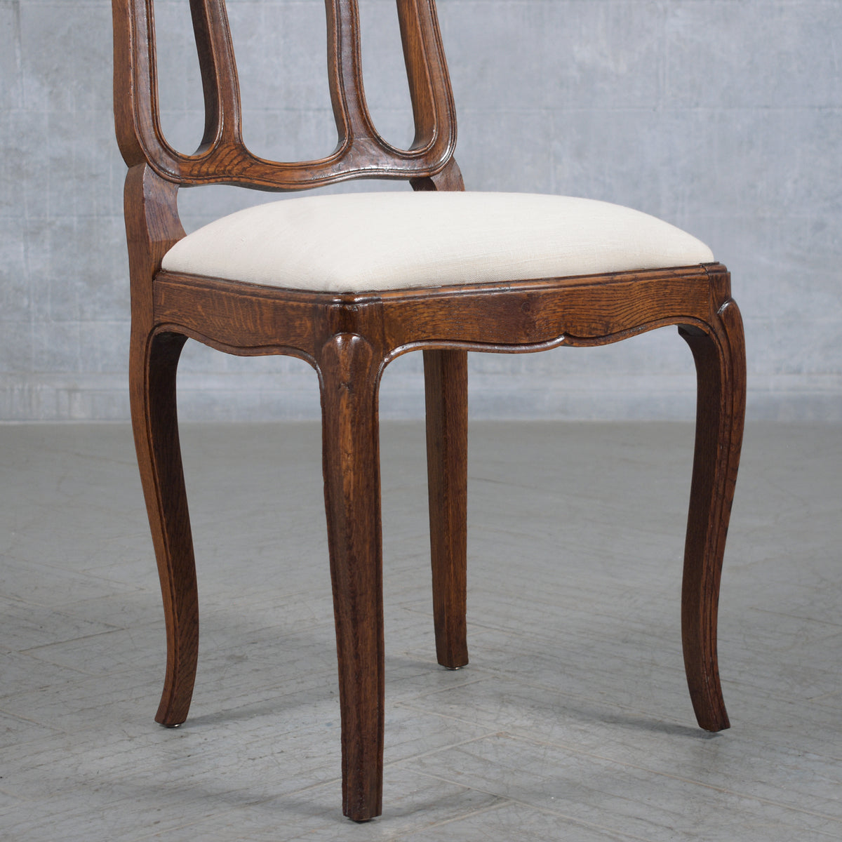 Set of Antique French Dining Chairs in Walnut & Ivory Linen: Elegantly Restored