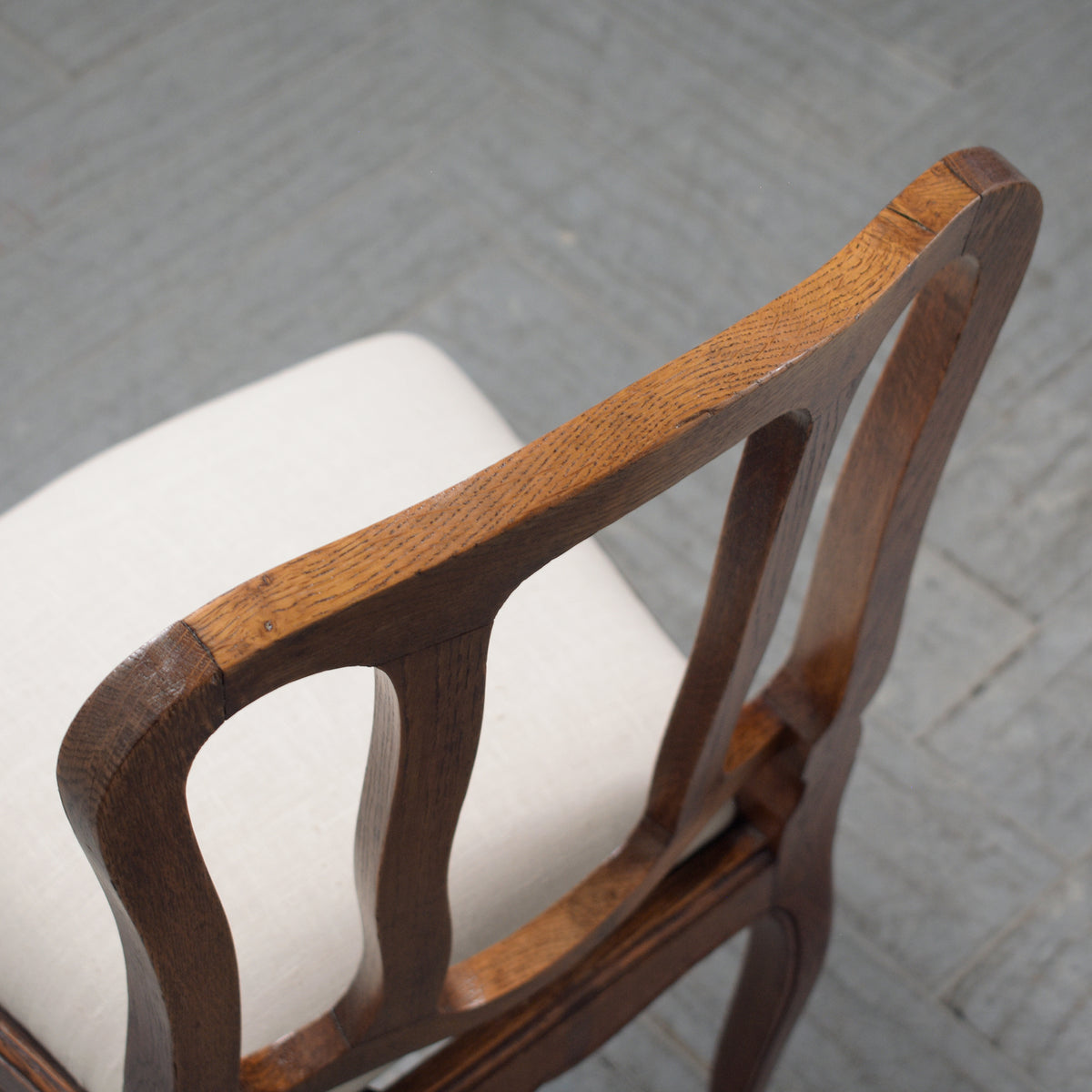 Set of Antique French Dining Chairs in Walnut & Ivory Linen: Elegantly Restored