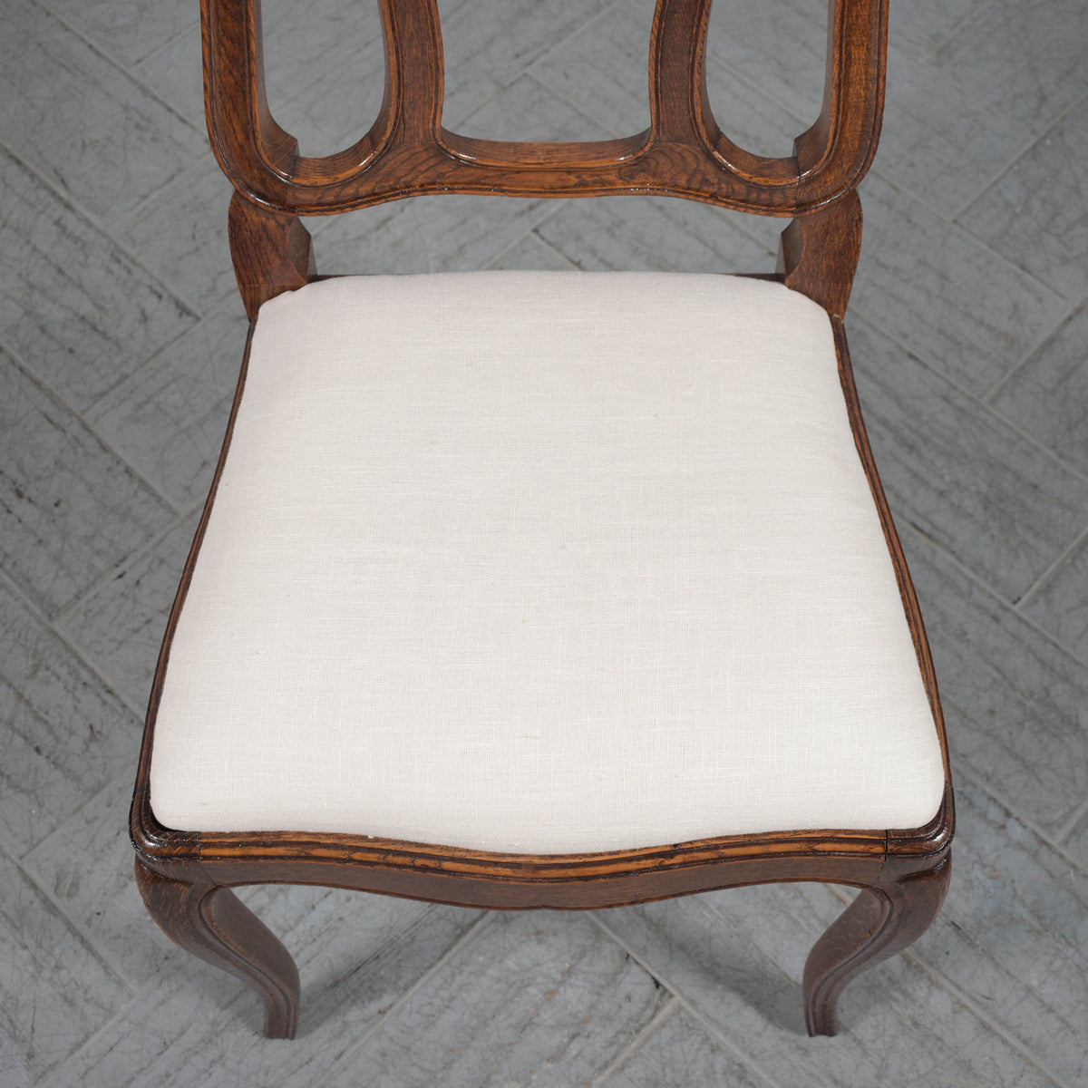 Set of Antique French Dining Chairs in Walnut & Ivory Linen: Elegantly Restored