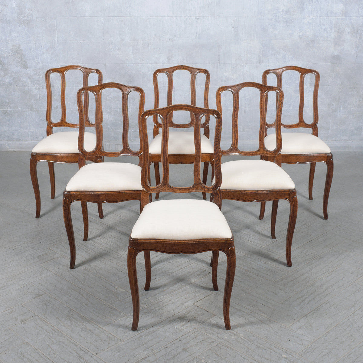 Set of Antique French Dining Chairs in Walnut & Ivory Linen: Elegantly Restored