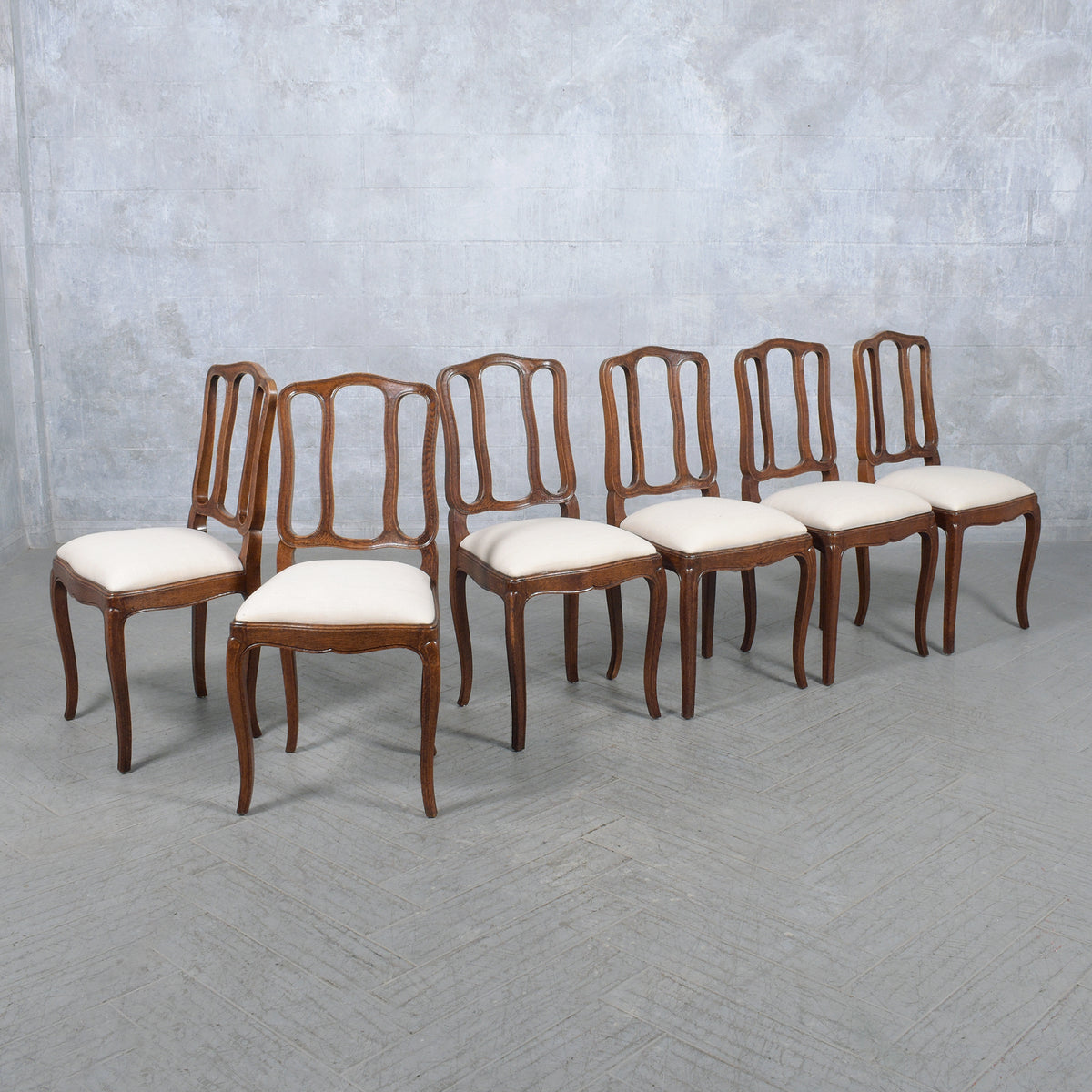 Set of Antique French Dining Chairs in Walnut & Ivory Linen: Elegantly Restored