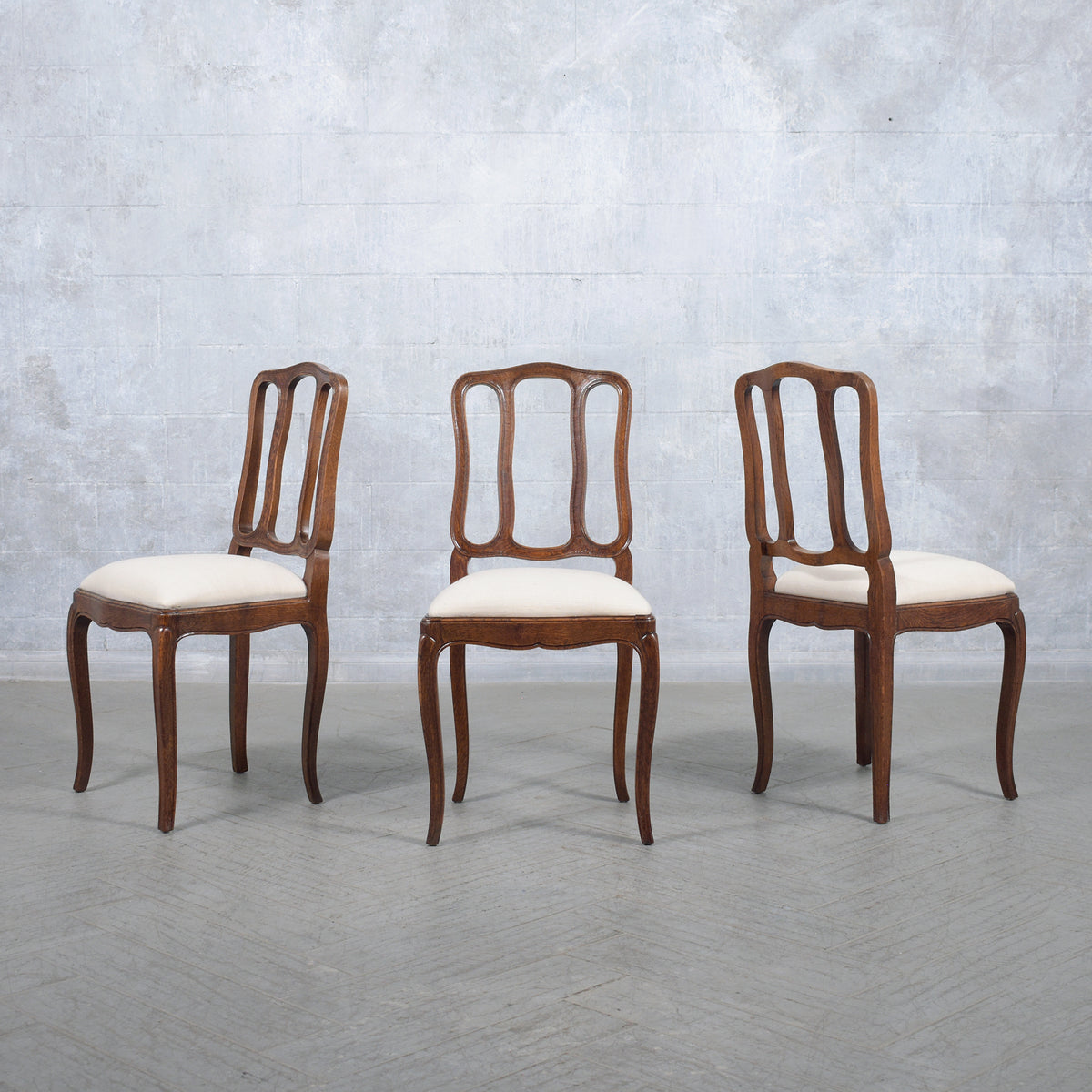 Set of Antique French Dining Chairs in Walnut & Ivory Linen: Elegantly Restored
