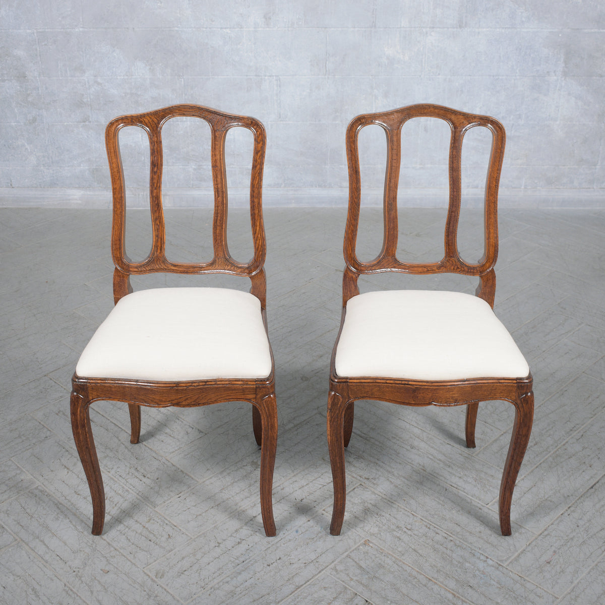 Set of Antique French Dining Chairs in Walnut & Ivory Linen: Elegantly Restored