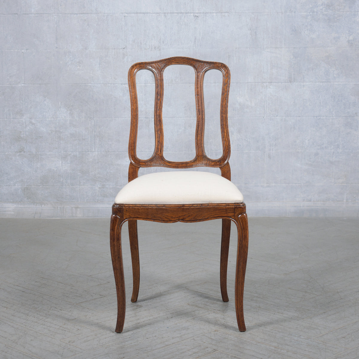 Set of Antique French Dining Chairs in Walnut & Ivory Linen: Elegantly Restored