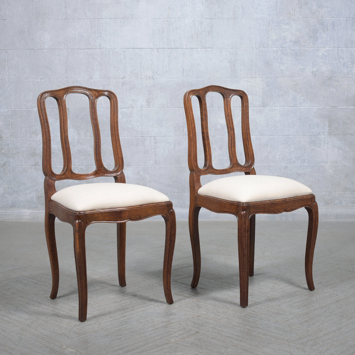 Set of Antique French Dining Chairs in Walnut & Ivory Linen: Elegantly Restored