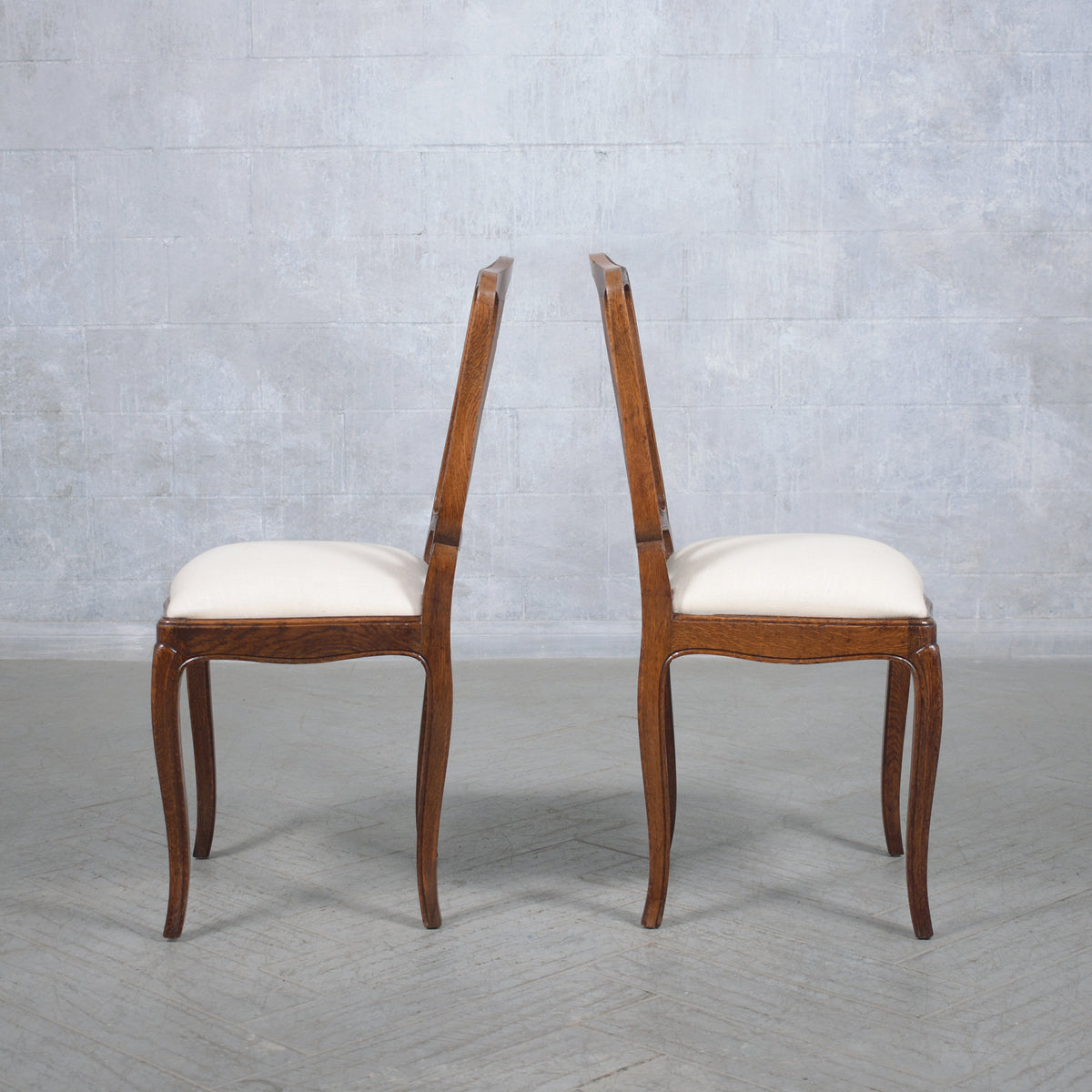 Set of Antique French Dining Chairs in Walnut & Ivory Linen: Elegantly Restored