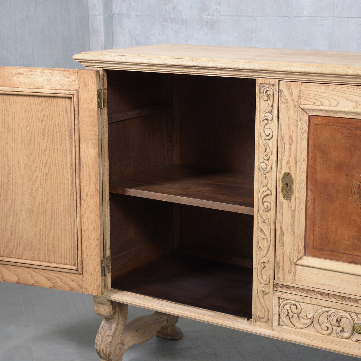 Antique French Oak Buffet with Bleached Finish and Carved Details