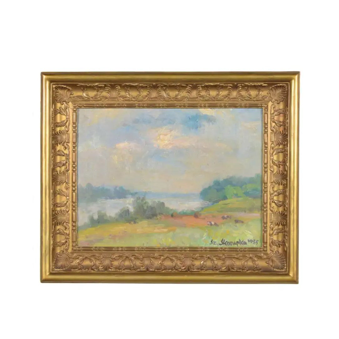 Vintage Hand Painting of Rural Poland: Serenity Captured in Gilt Frame