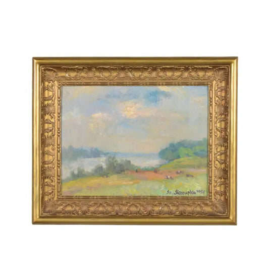 Vintage Hand Painting of Rural Poland: Serenity Captured in Gilt Frame