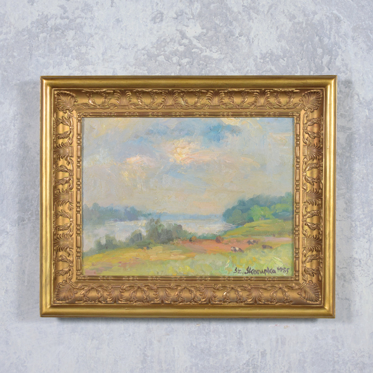 Vintage Hand Painting of Rural Poland: Serenity Captured in Gilt Frame
