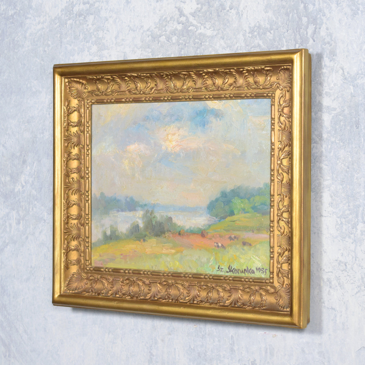 Vintage Hand Painting of Rural Poland: Serenity Captured in Gilt Frame