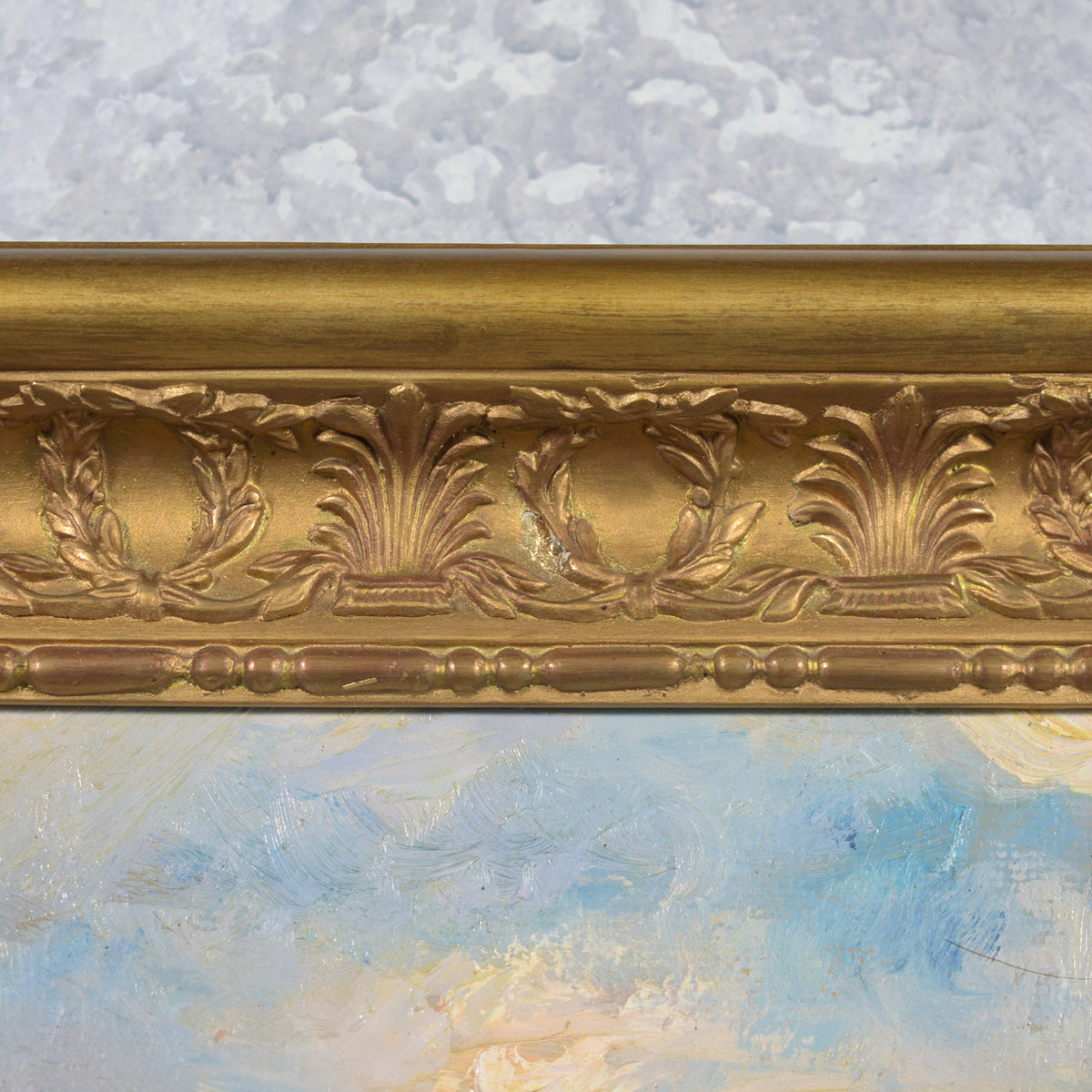 Vintage Hand Painting of Rural Poland: Serenity Captured in Gilt Frame