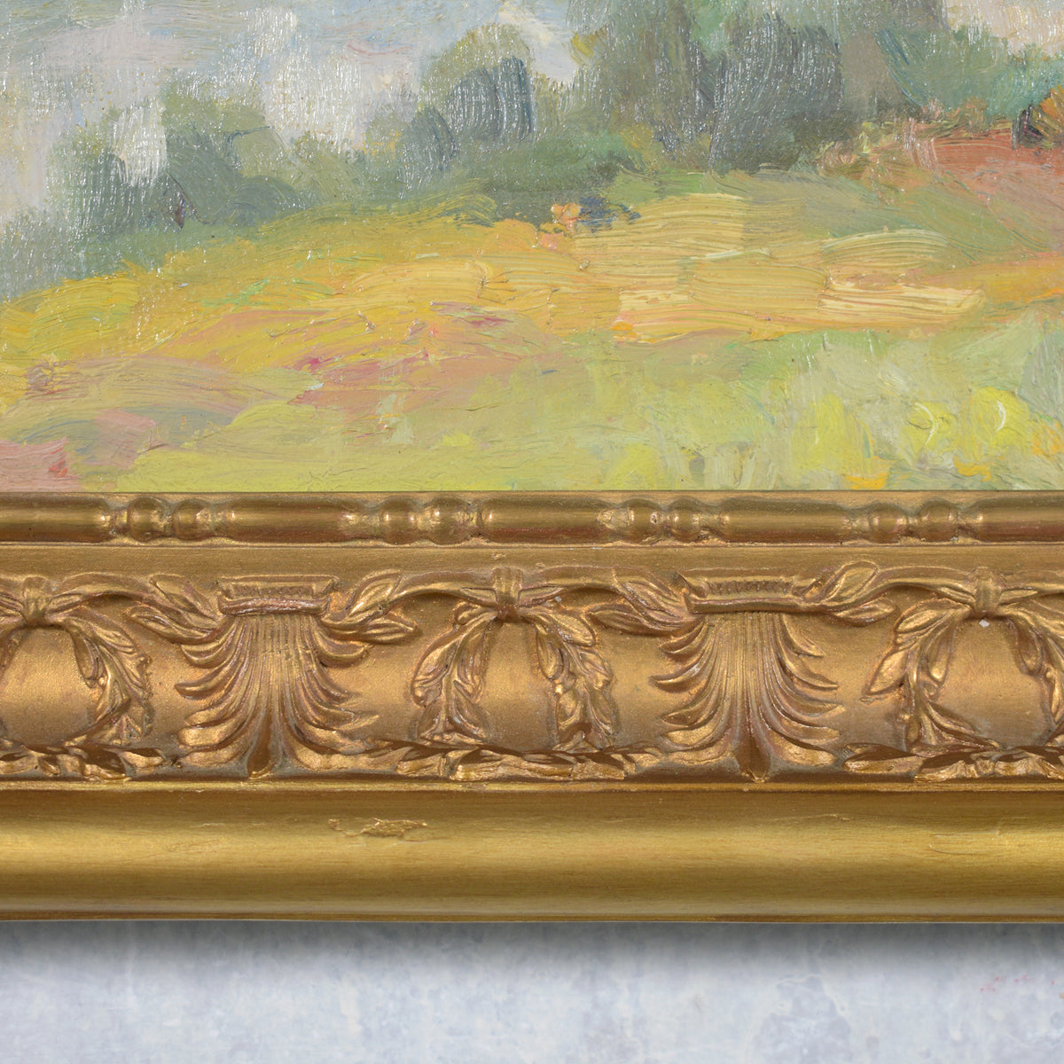 Vintage Hand Painting of Rural Poland: Serenity Captured in Gilt Frame