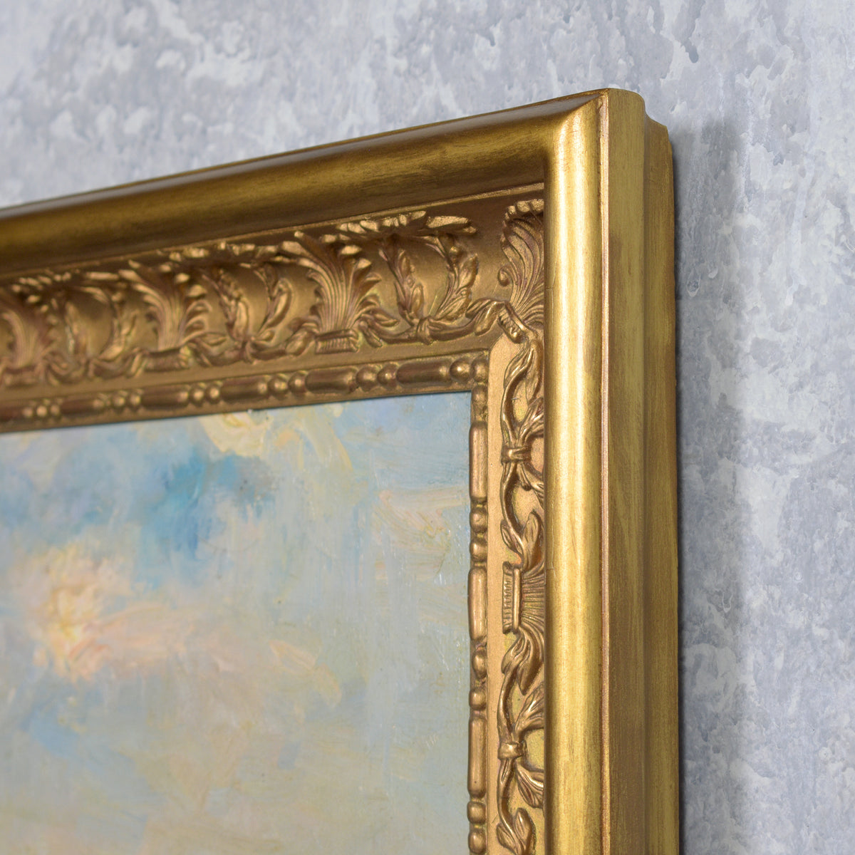 Vintage Hand Painting of Rural Poland: Serenity Captured in Gilt Frame