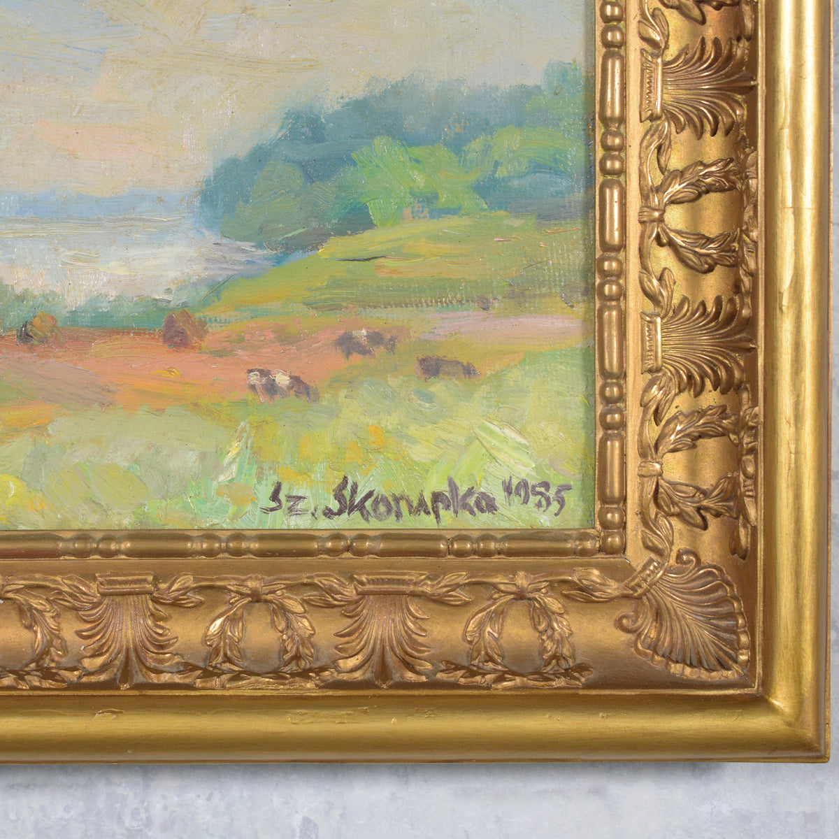 Vintage Hand Painting of Rural Poland: Serenity Captured in Gilt Frame