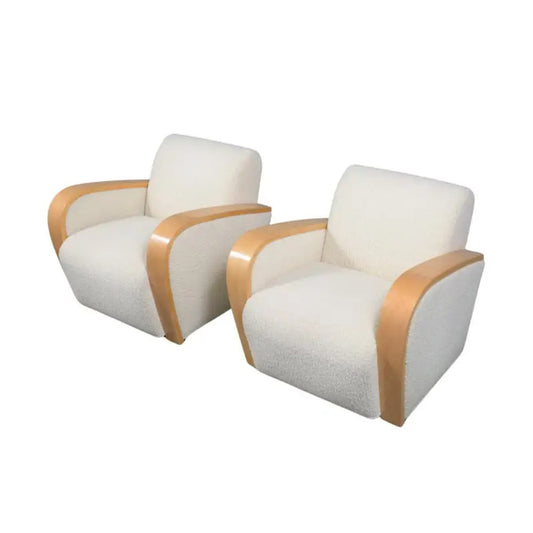 Restored Vintage Mid-Century Modern Lounge Chairs with Curved Wood Armrests