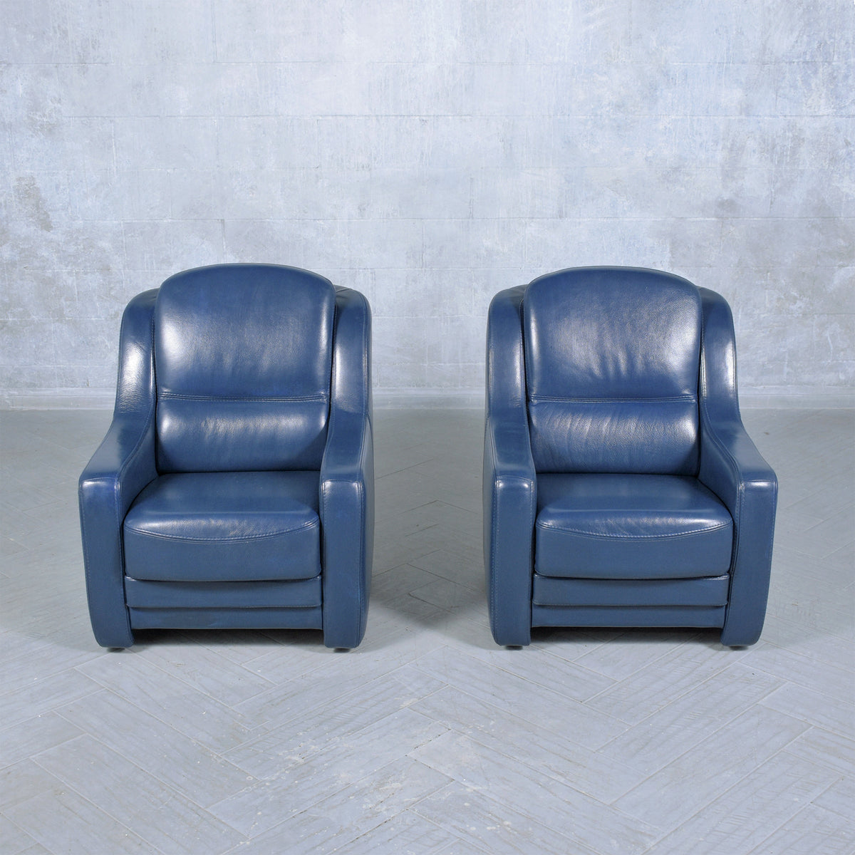 Vintage French Navy Blue Leather Lounge Chairs