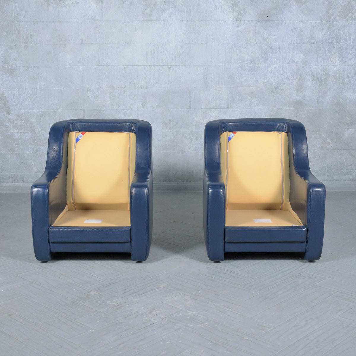 Vintage French Navy Blue Leather Lounge Chairs