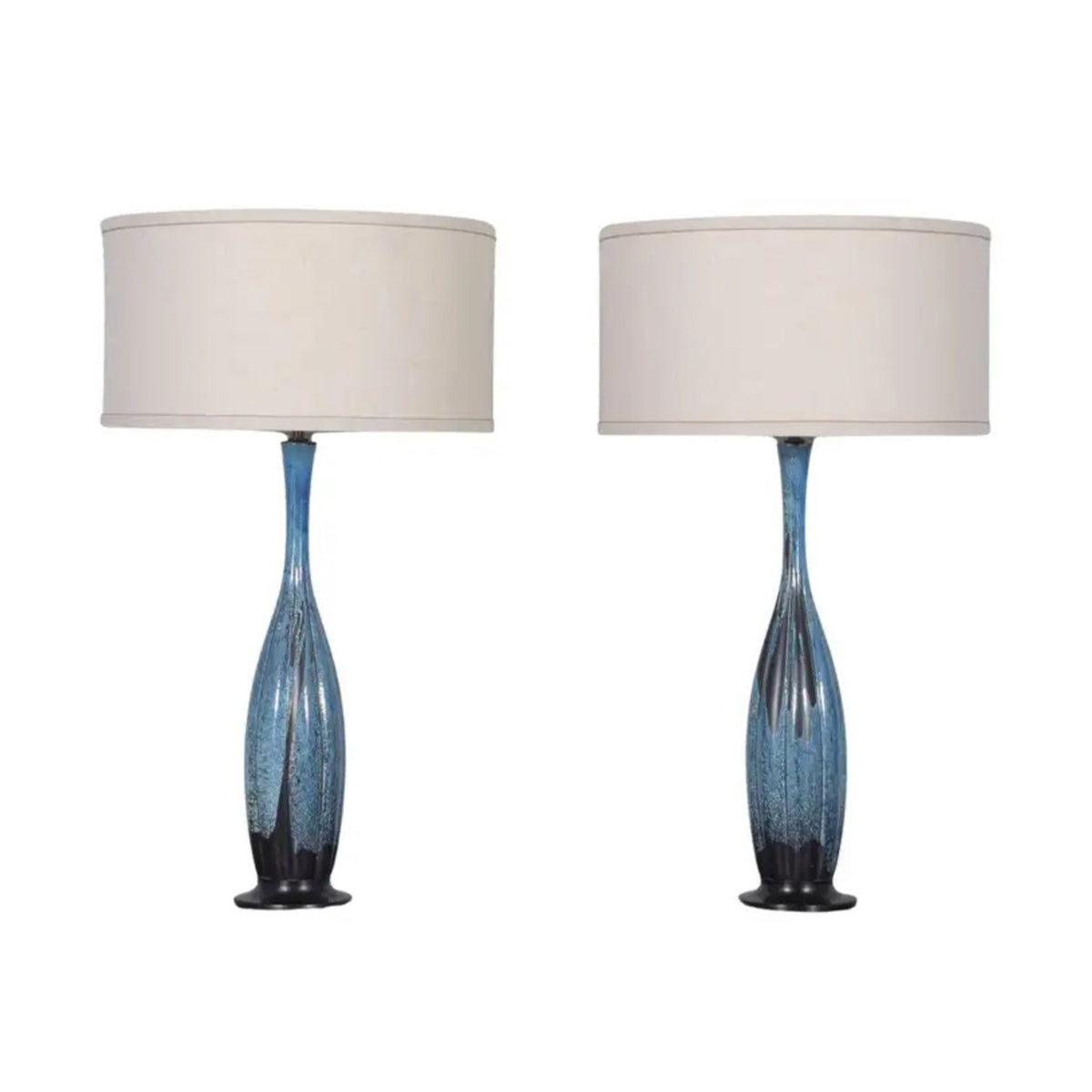 Restored Mid-Century Porcelain Tall Table Lamps in Blue and Black - a Pair