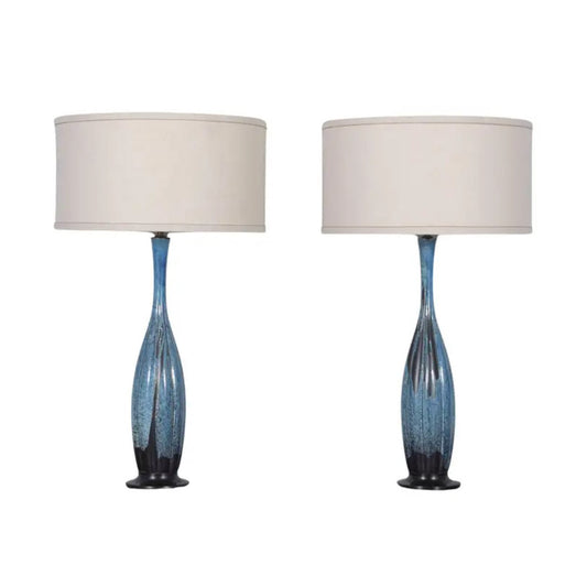 Restored Mid-Century Porcelain Tall Table Lamps in Blue and Black - a Pair