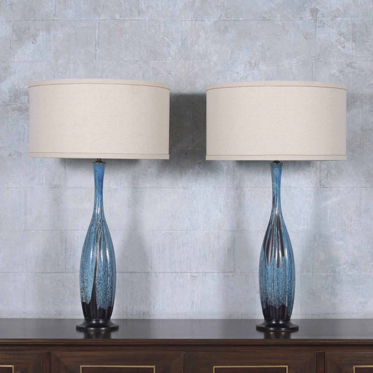 Restored Mid-Century Porcelain Tall Table Lamps in Blue and Black - a Pair