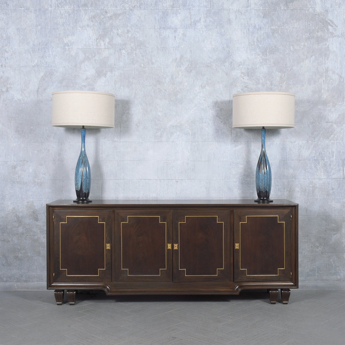 Restored Mid-Century Porcelain Tall Table Lamps in Blue and Black - a Pair