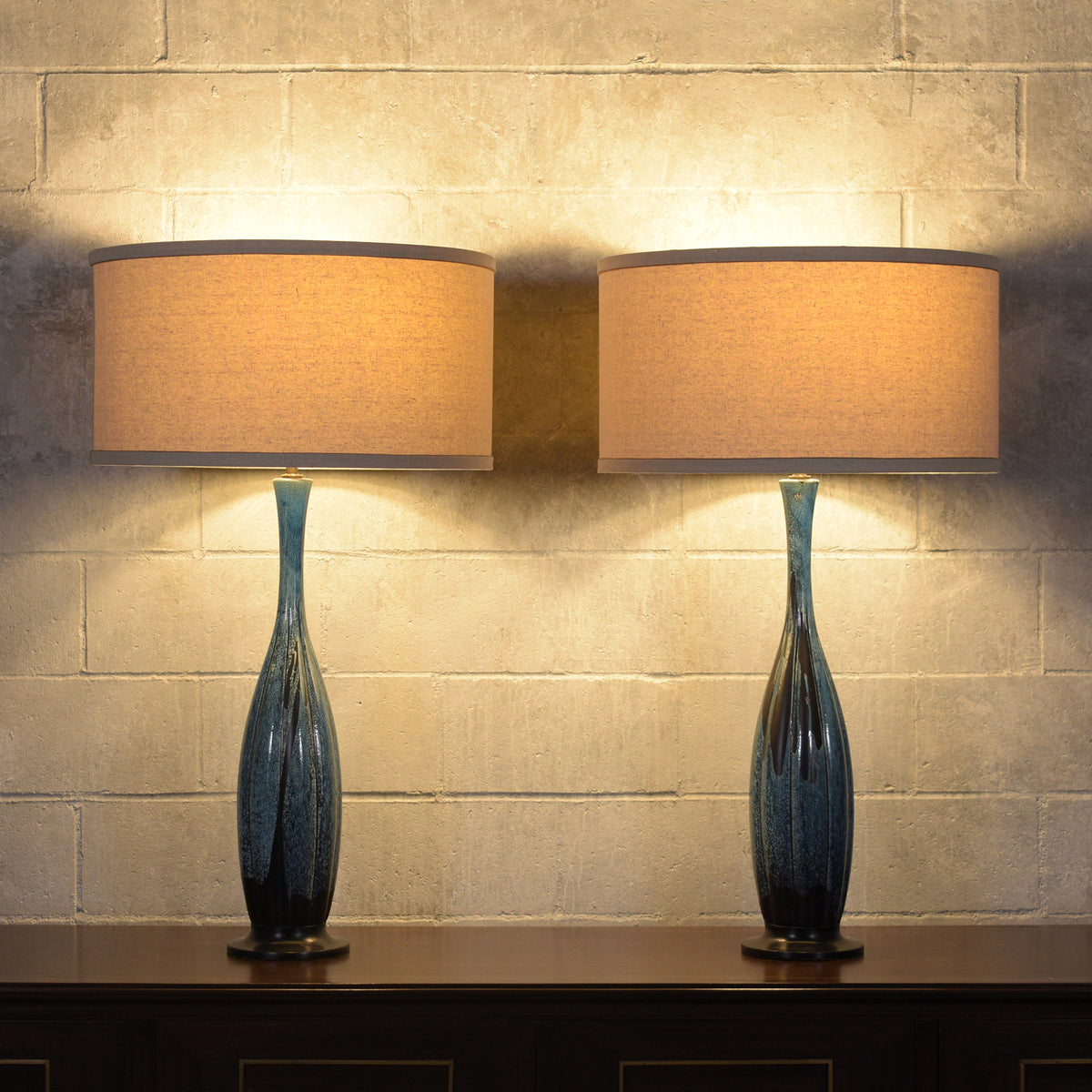 Restored Mid-Century Porcelain Tall Table Lamps in Blue and Black - a Pair