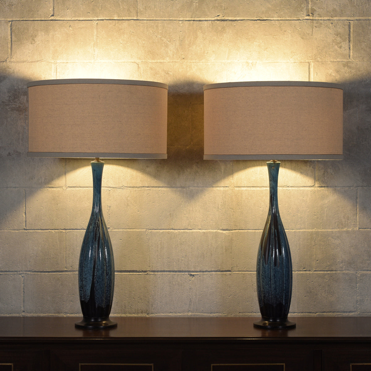 Restored Mid-Century Porcelain Tall Table Lamps in Blue and Black - a Pair