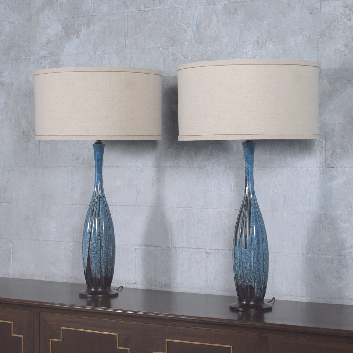 Restored Mid-Century Porcelain Tall Table Lamps in Blue and Black - a Pair