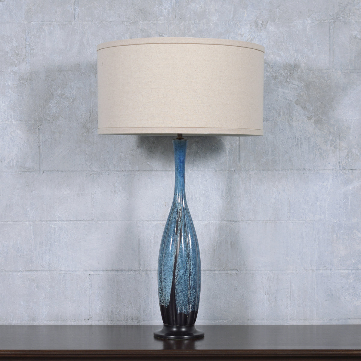 Restored Mid-Century Porcelain Tall Table Lamps in Blue and Black - a Pair