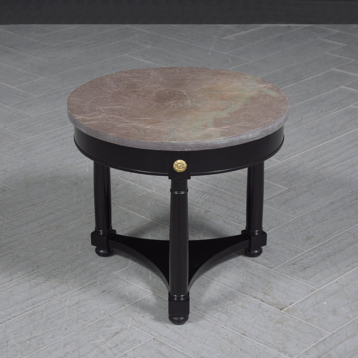 Vintage Regency-Style Round Side Table with Grey Marble Top & Brass Accents