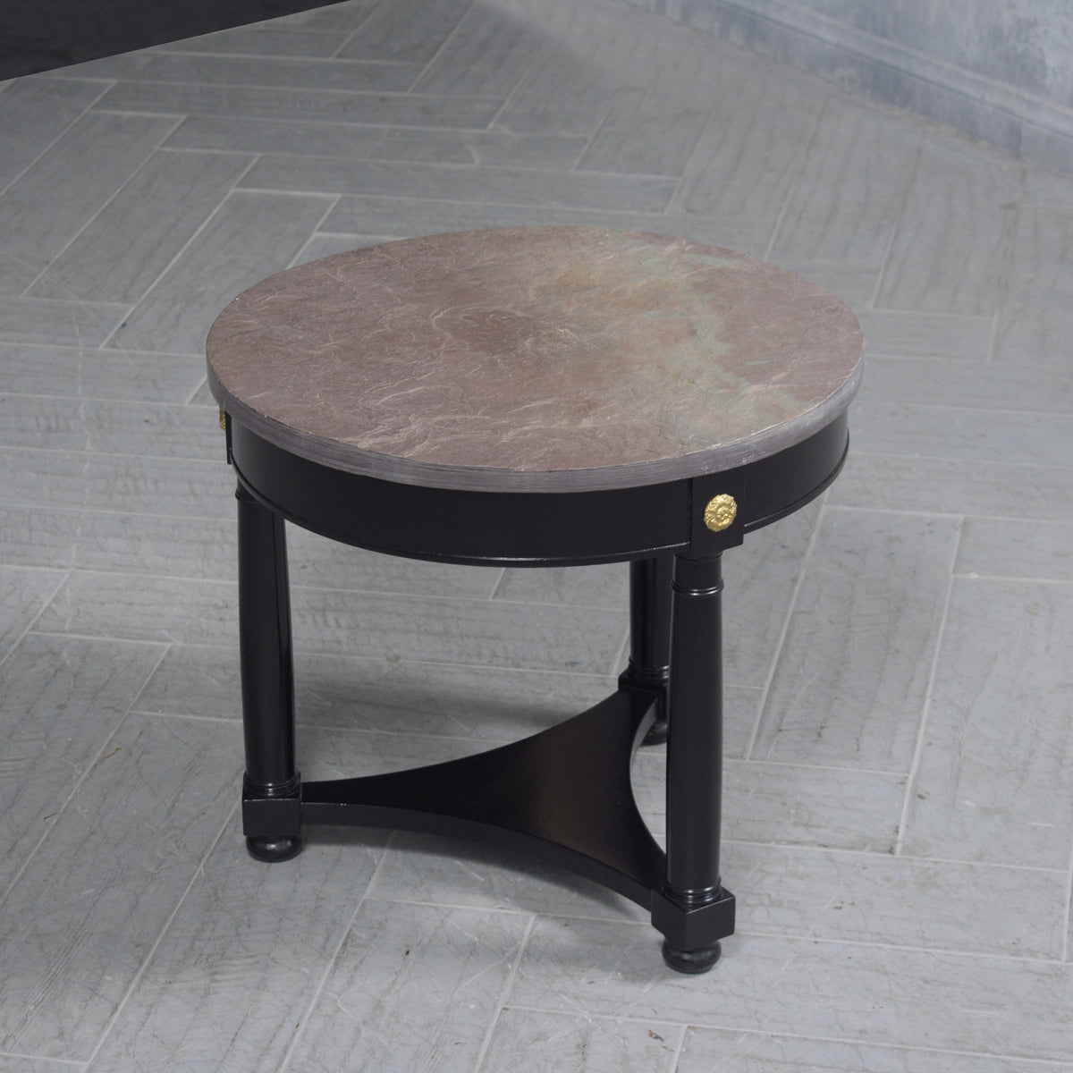 Vintage Regency-Style Round Side Table with Grey Marble Top & Brass Accents