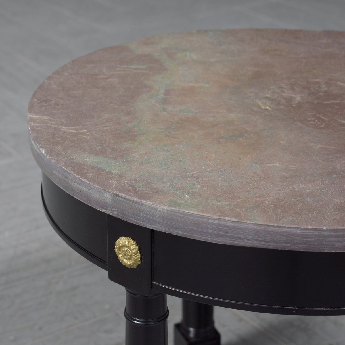Vintage Regency-Style Round Side Table with Grey Marble Top & Brass Accents