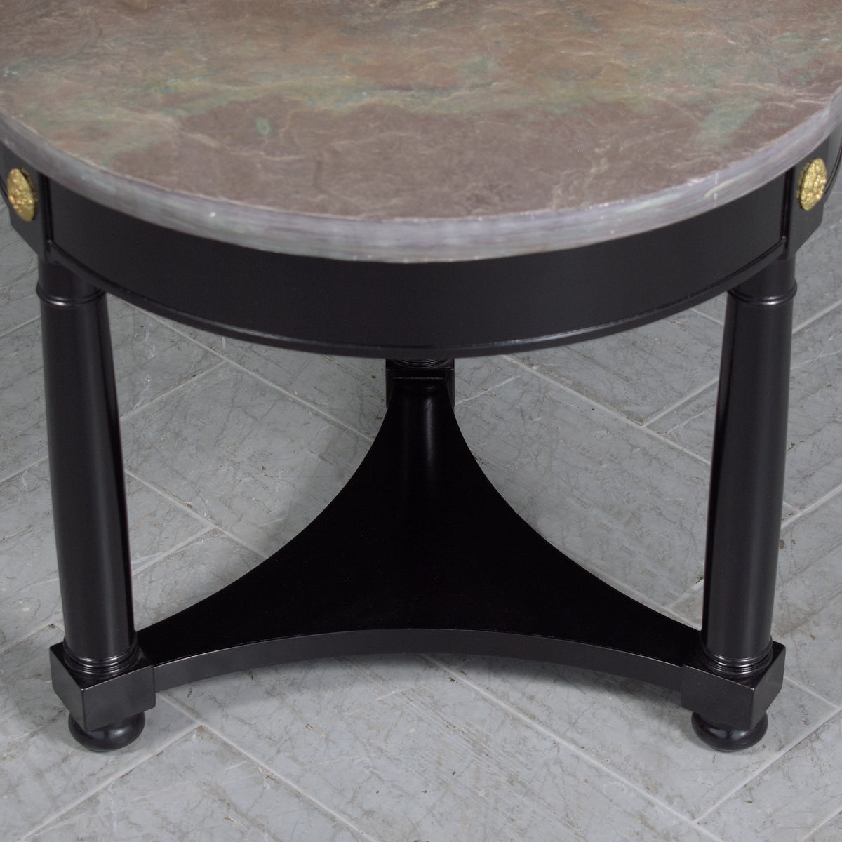 Vintage Regency-Style Round Side Table with Grey Marble Top & Brass Accents