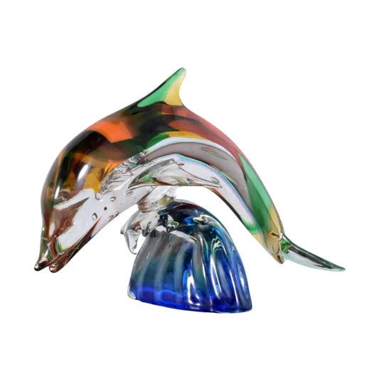 Stunning Murano Glass Dolphin Sculpture on Blue Blown Glass Wave