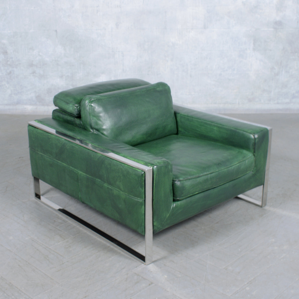 Restored Modern Lounge Chairs in Light Green Leather with Chrome Details