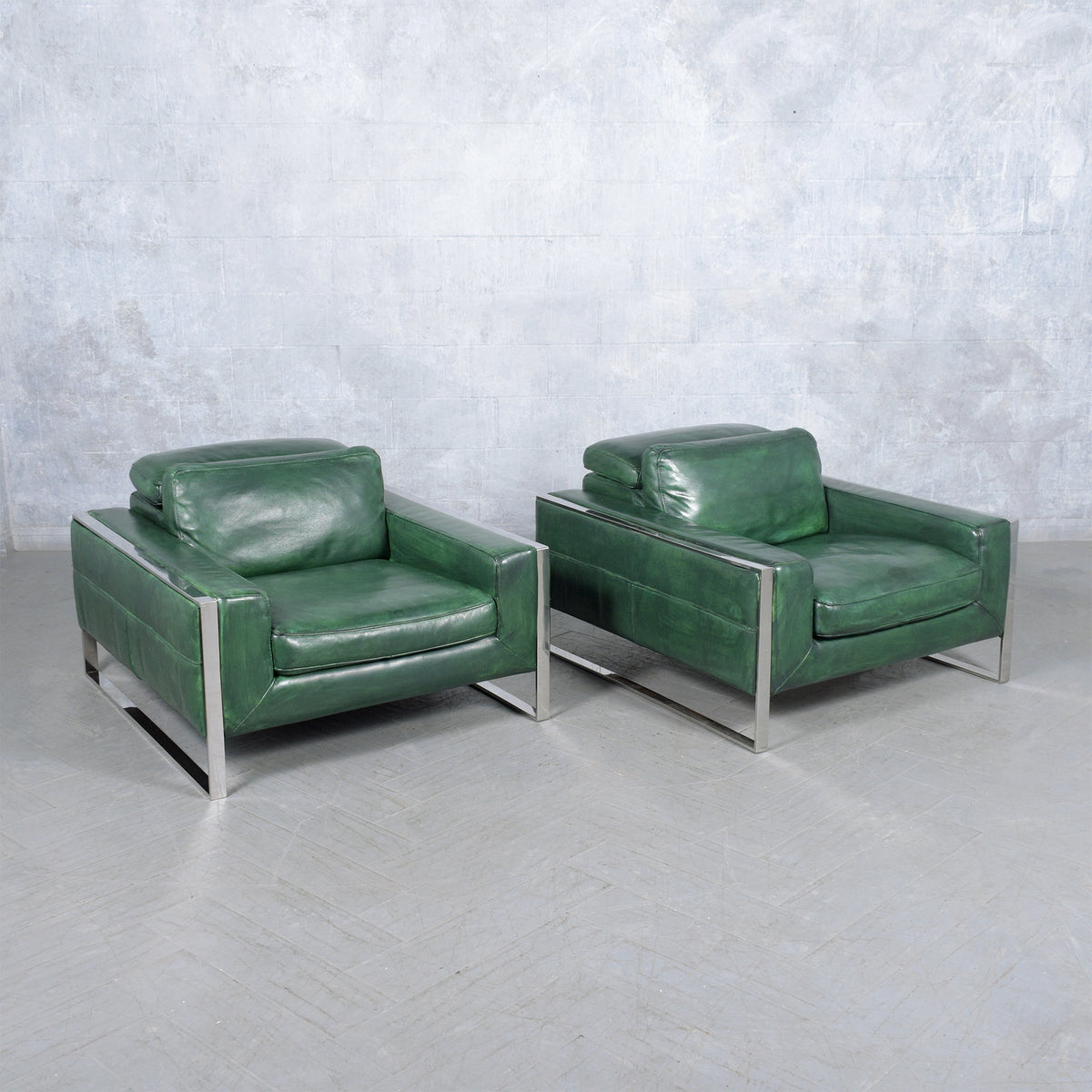 Restored Modern Lounge Chairs in Light Green Leather with Chrome Details