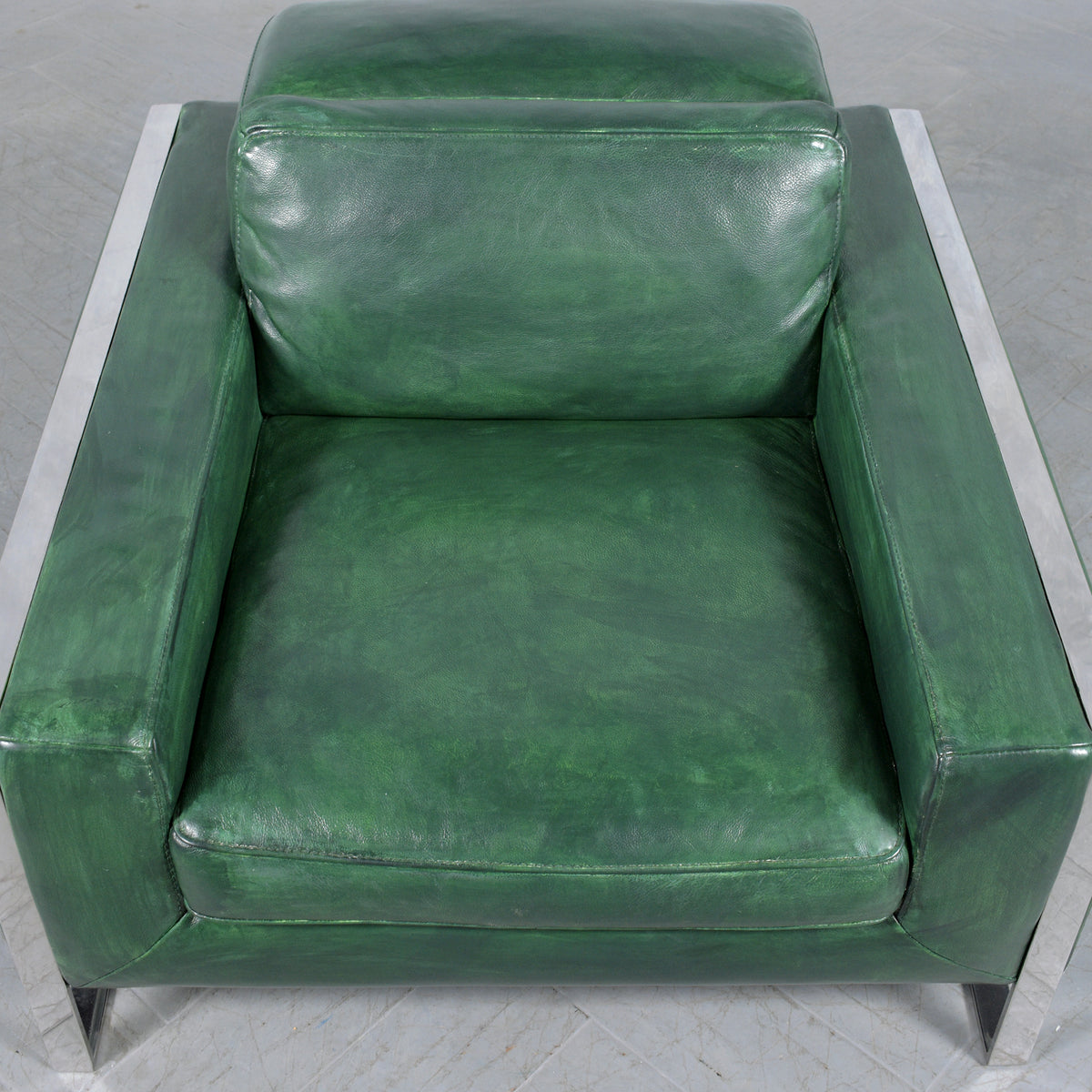 Restored Modern Lounge Chairs in Light Green Leather with Chrome Details