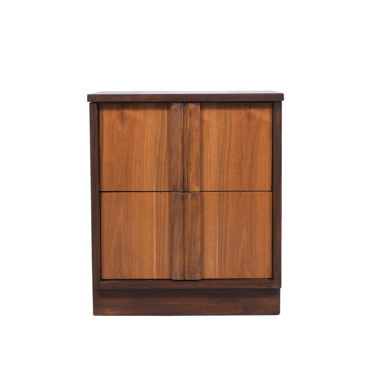 Restored 1960s Modern Walnut Nightstand: Dual-Tone with Unique Carved Handle