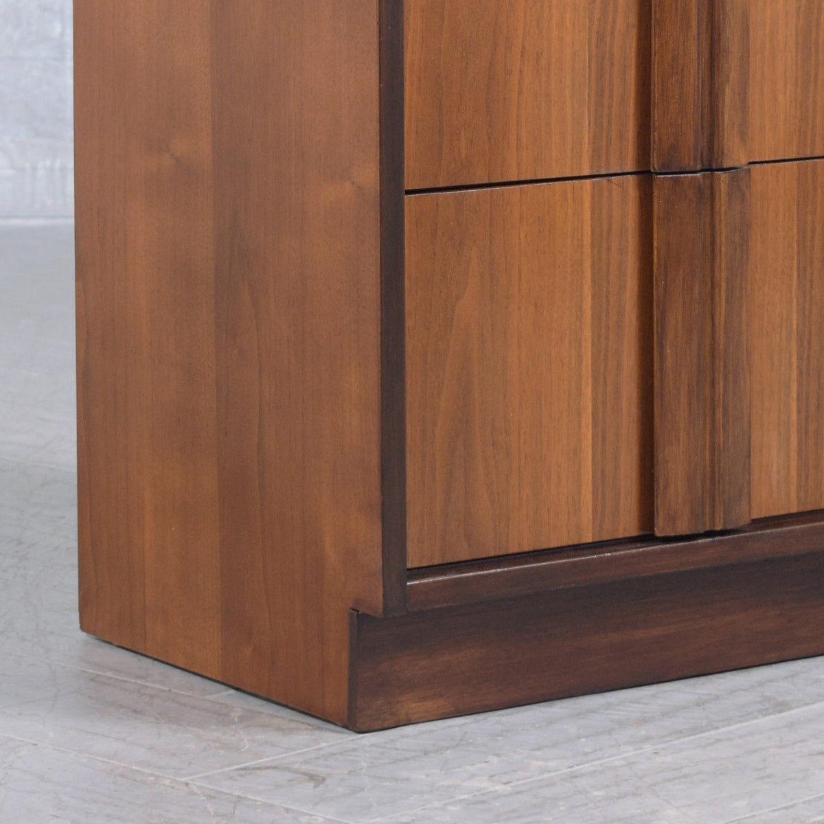 Restored 1960s Modern Walnut Nightstand: Dual-Tone with Unique Carved Handle