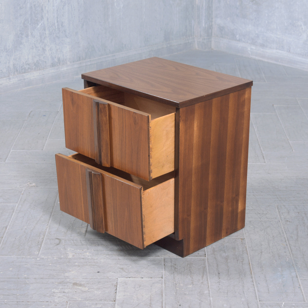 Restored 1960s Modern Walnut Nightstand: Dual-Tone with Unique Carved Handle
